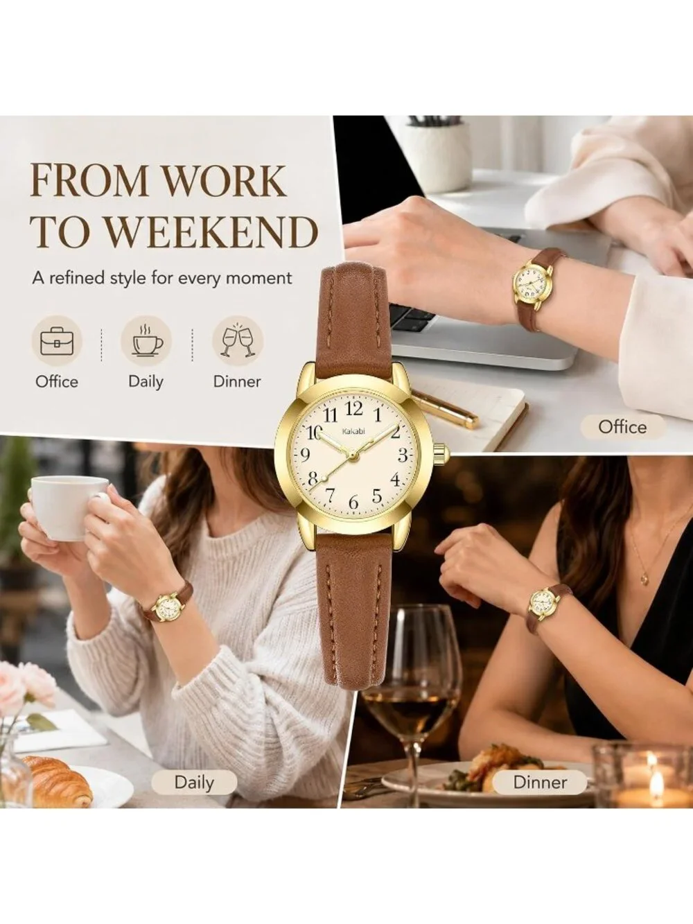 Women's Brown Gold Vintage Analog Slim Leather Strap Quartz Movement Watch
